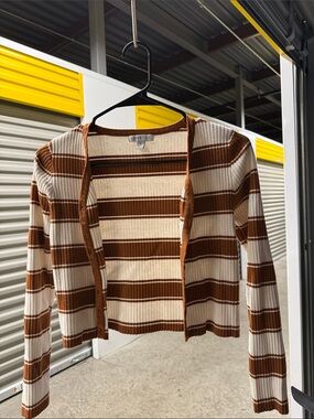 Brown and Cream Striped Ribbed Button Cardigan